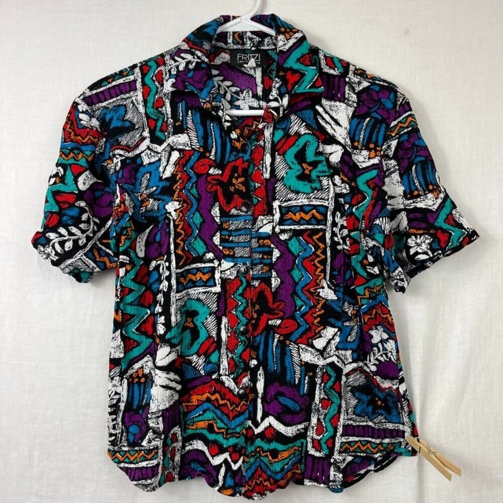 90s Fritzi Crinkle Short Sleeve Button Up Shirt Womens M Abstract‎ Gauze Skater